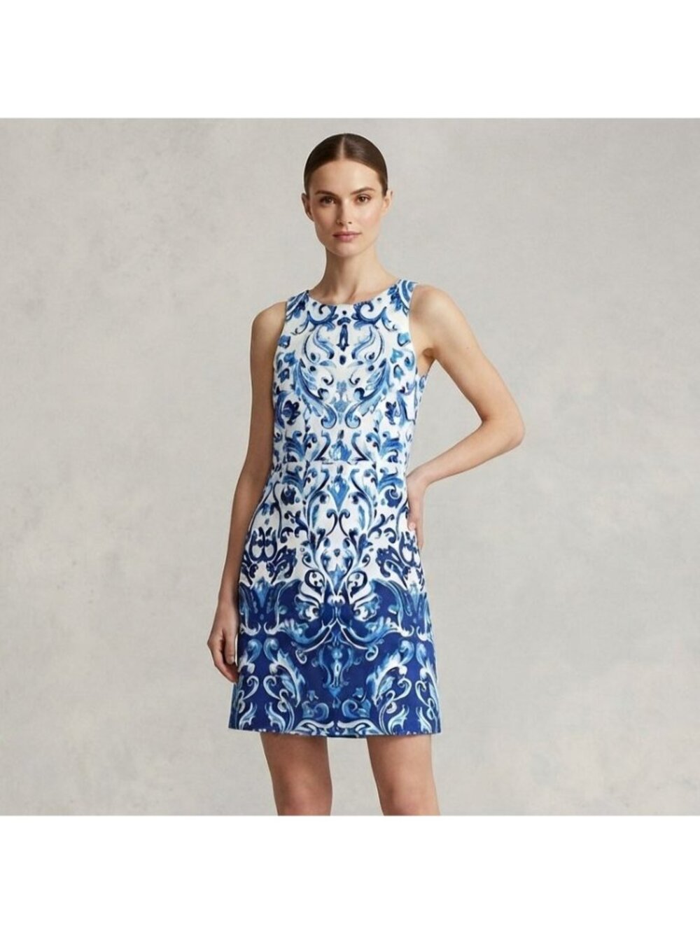 Lauren Ralph Lauren Damask Shift Dress Womens 4 Blue White Sleeveless Pockets
